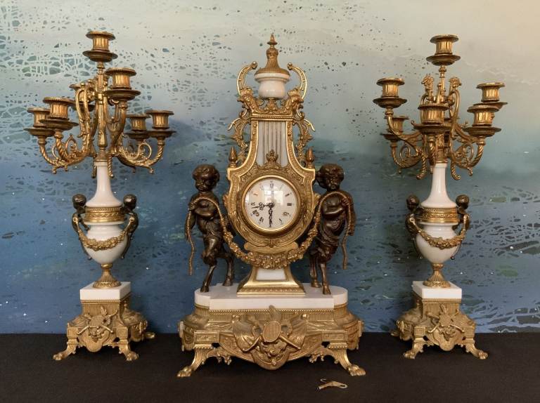 Huge Italian Bronze & Marble 3-Piece Garniture Clock Set Inc Candelabra 8-Day