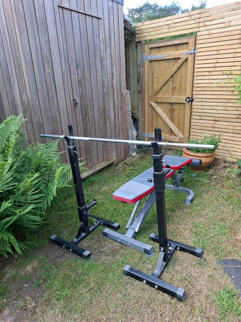 Weights bench and squat rack home gym set up