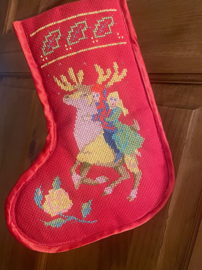 Vintage Christmas Tree Decorations Hand Made Sock Stocking Cross Stitch 