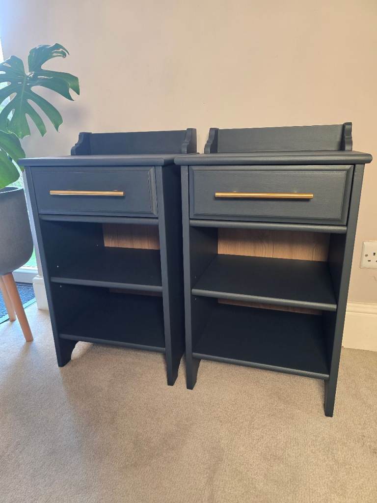 Refurbished Dark Navy Bedside Tables with Brass Handles – Pair