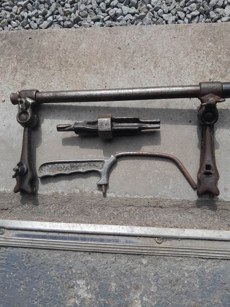 Vintage Plumbers Tools - Lead Pipe Clamp, Tapered Reamer/Cutter and Junior Hacksaw