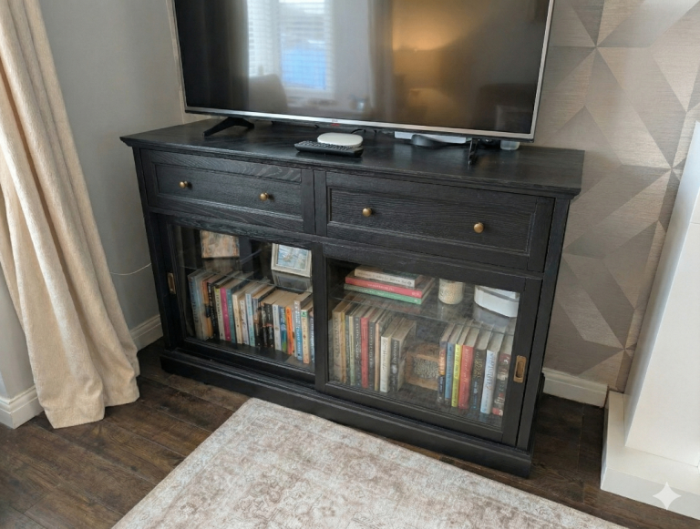 IKEA MALSJÖ sideboard unit, black stained wood, glass doors, 145x92 cm