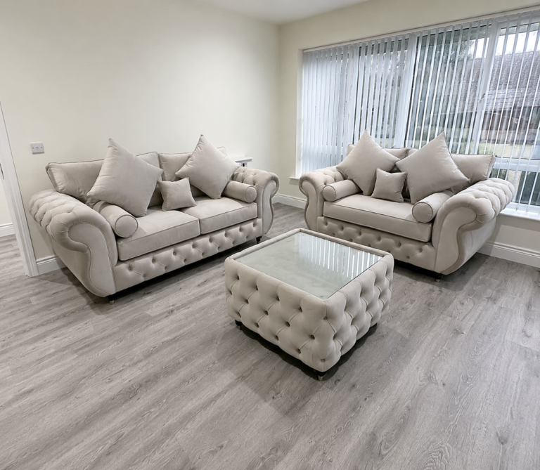 Luxury Falcon Plush Velvet 3+2 Sofa Set with Glass-Top Coffee Table