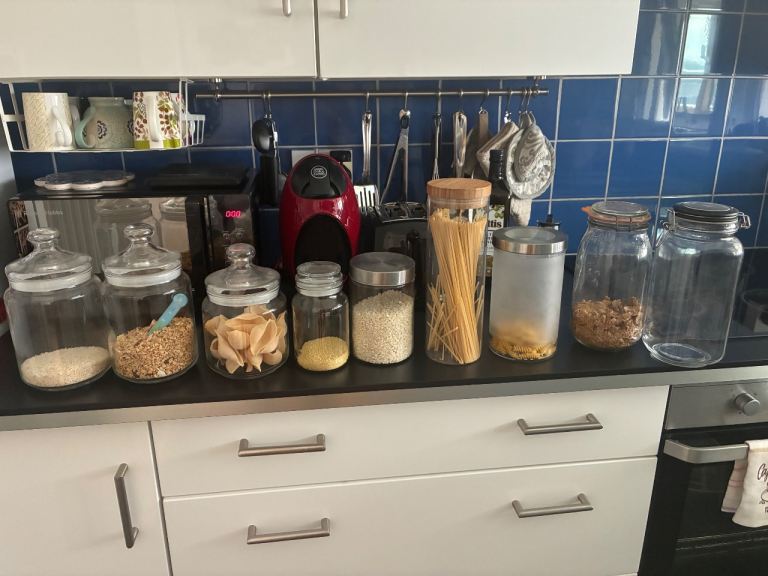 Set of 9 Glass Storage Jars with Lids – Good Condition
