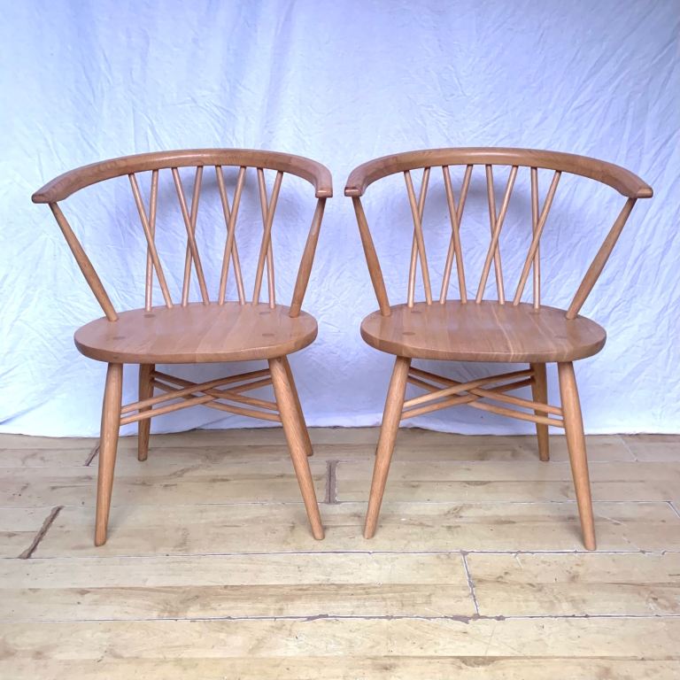 Pair of Ercol Shalstone dining armchair cowhorn candlestick chairs oak 