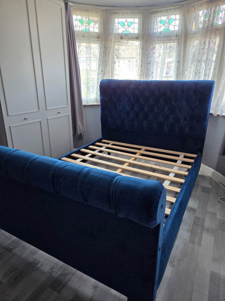 Lovely Blue Velvet king size Bed Frame with Slatted Base
