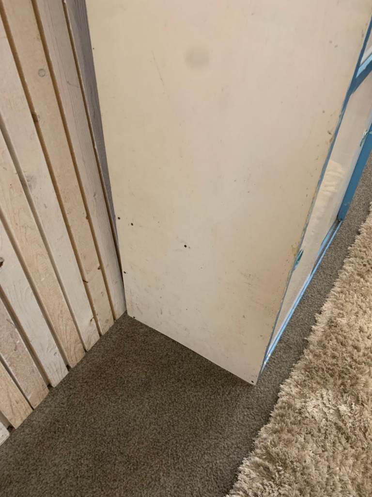 Kitchen Cabinet / Larder. Vintage 1950s in White +Blue Edge (Restoration Work Required)