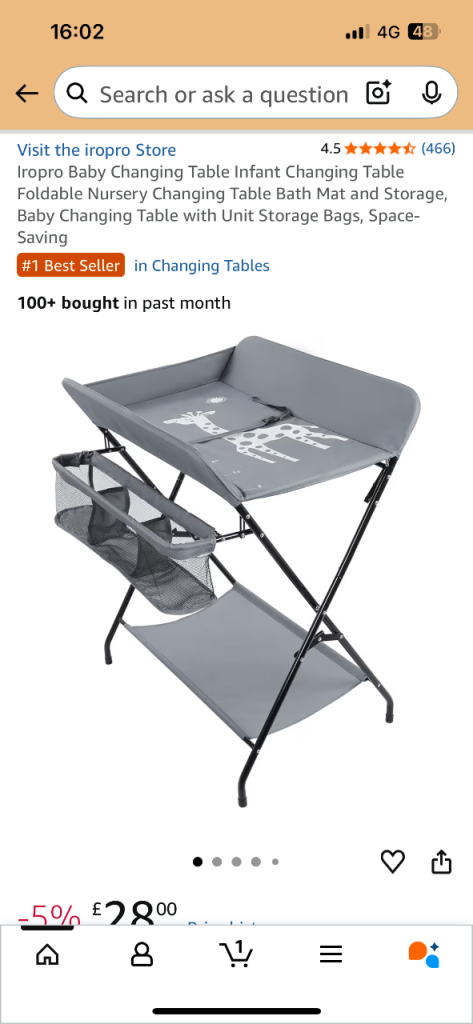Iropro Baby Changing Table - Grey, Foldable with Storage
