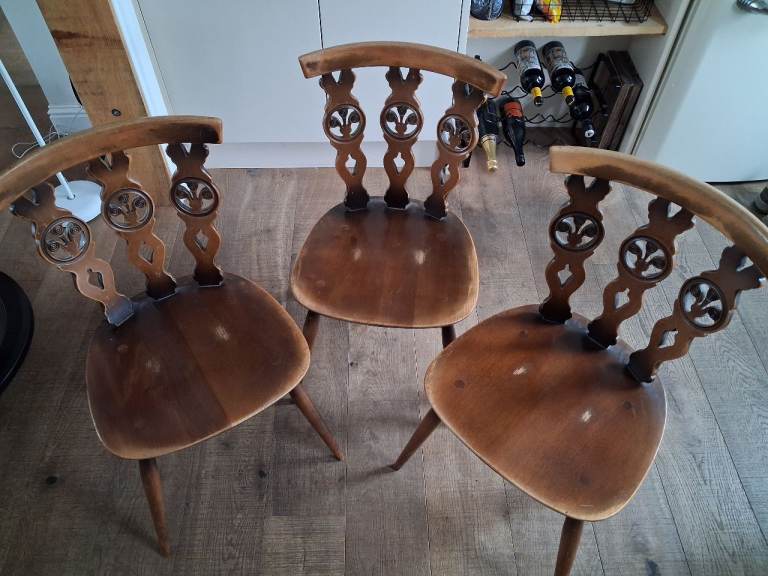 Set of 3 Vintage Errcol Wooden Dining Chairs - Good Condition