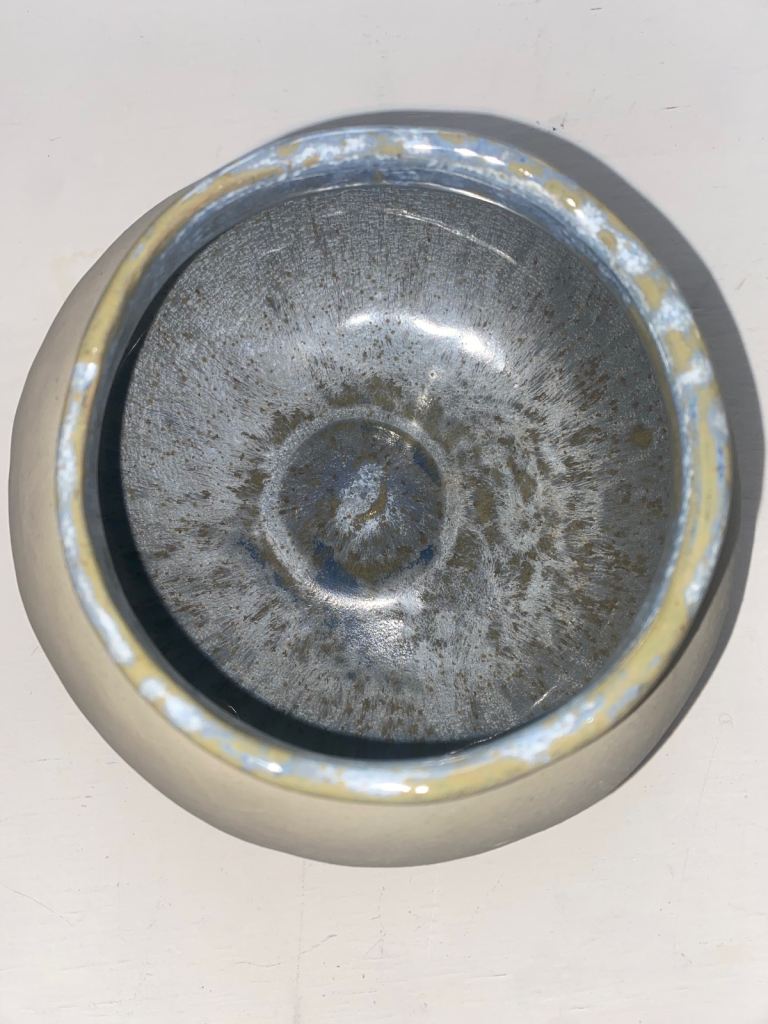 Handmade plant pot with non scratch padding , grey/ green 