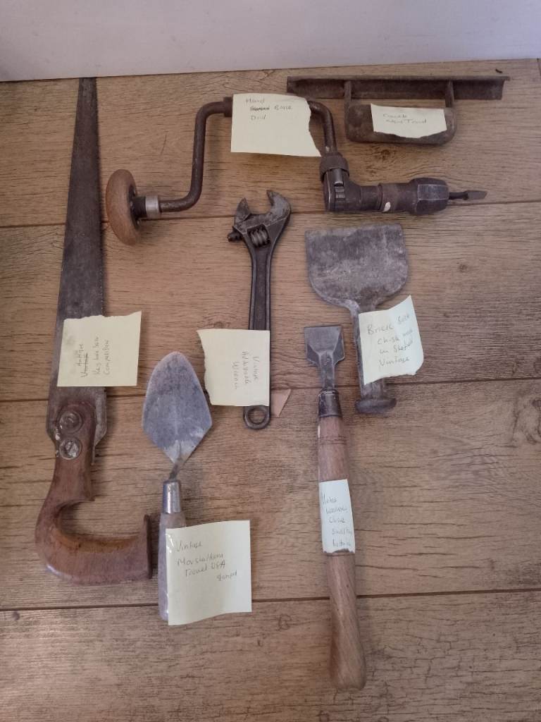 Vintage Hand Tools Bundle – Saw, Brace Drill, Spanner & More