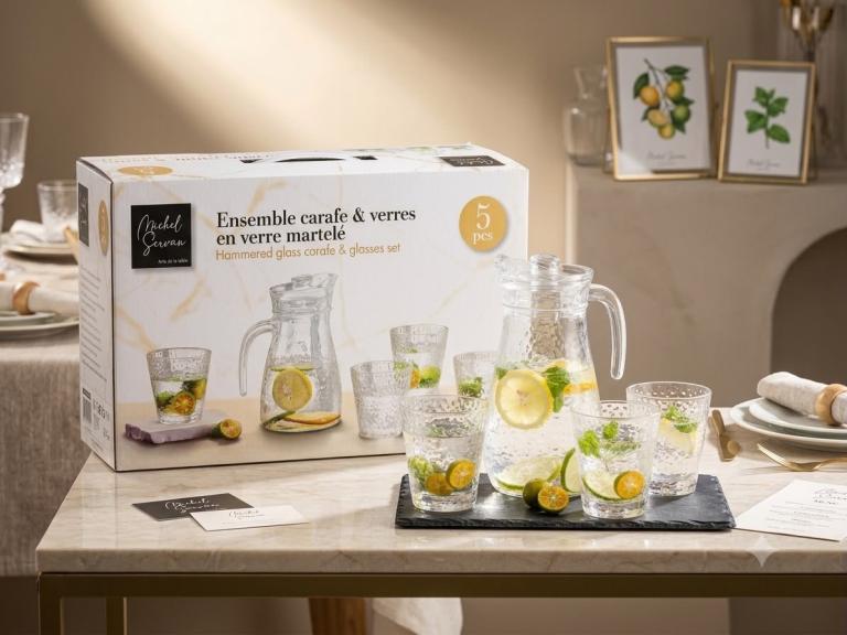 Michel Servant Hammered Glass Pitcher and 5 piece Glasses Set – New in Box