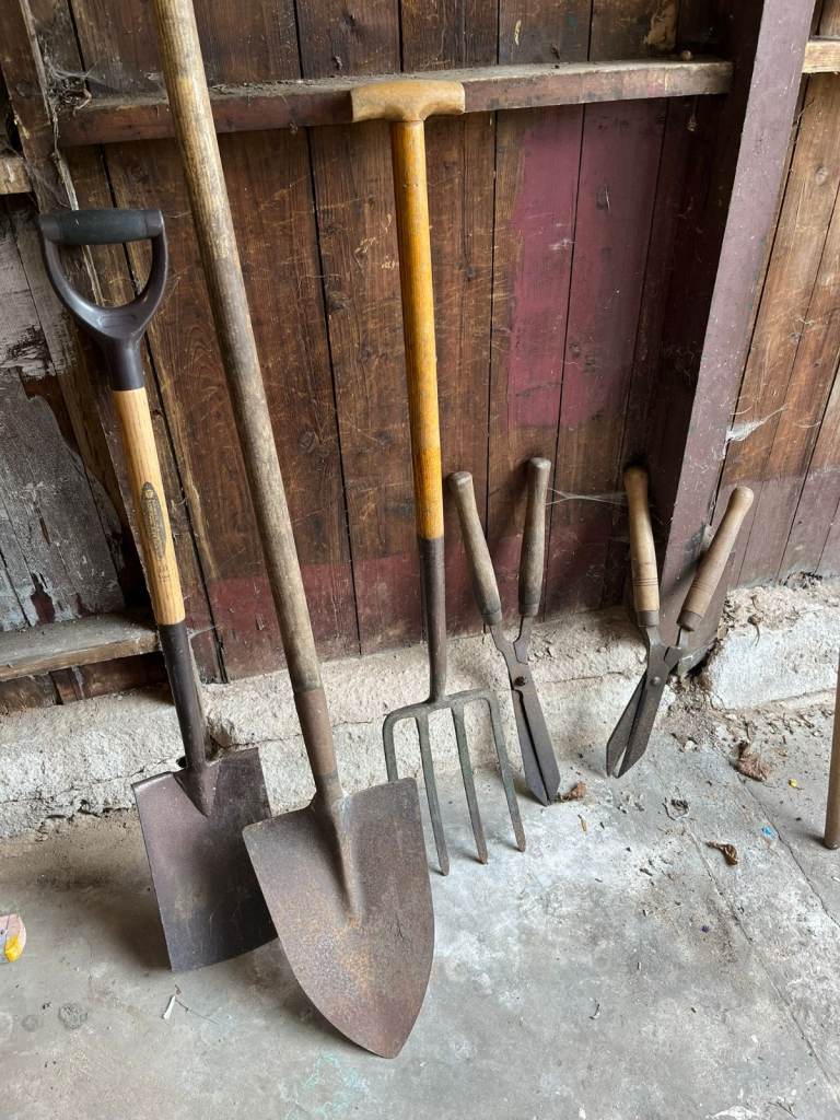 REDUCED- Lot of traditional garden tools – spades, forks, edging iron, mattock, hedge shears etc