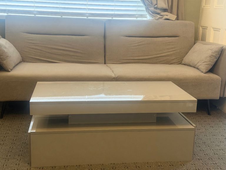 Beige Fabric Sofa Bed and coffee table – Good Condition, Comfortable
