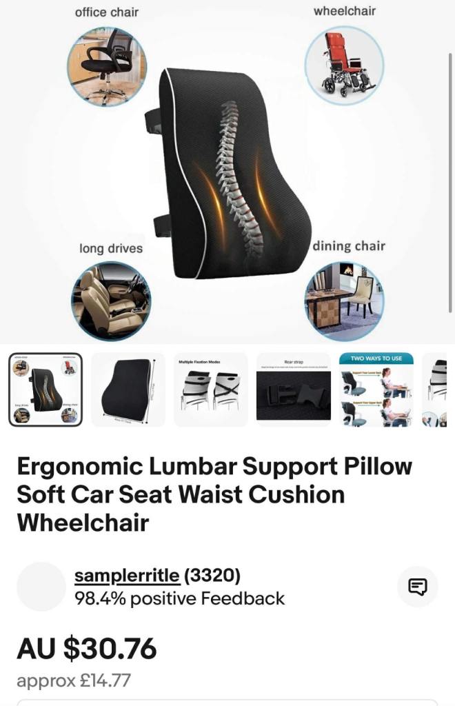 Ergonomic Lumbar Support Pillow Soft Car Seat Waist Cushion  Wheelchair 