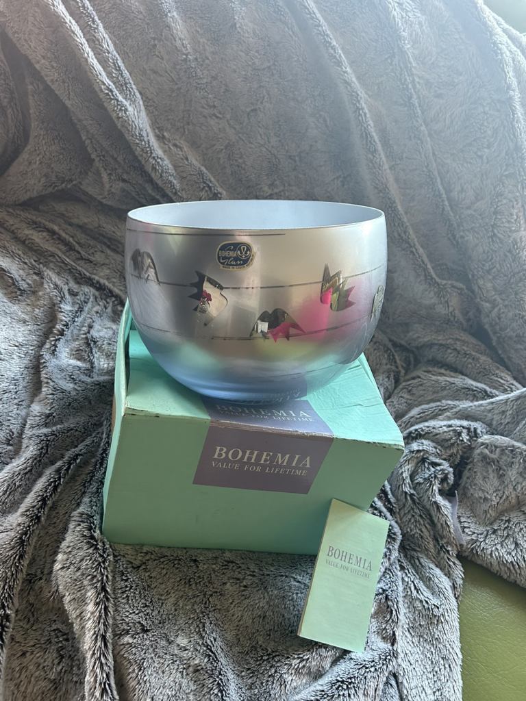 Unusual Bohemia silver crystal bowl new in box Czech Republic 