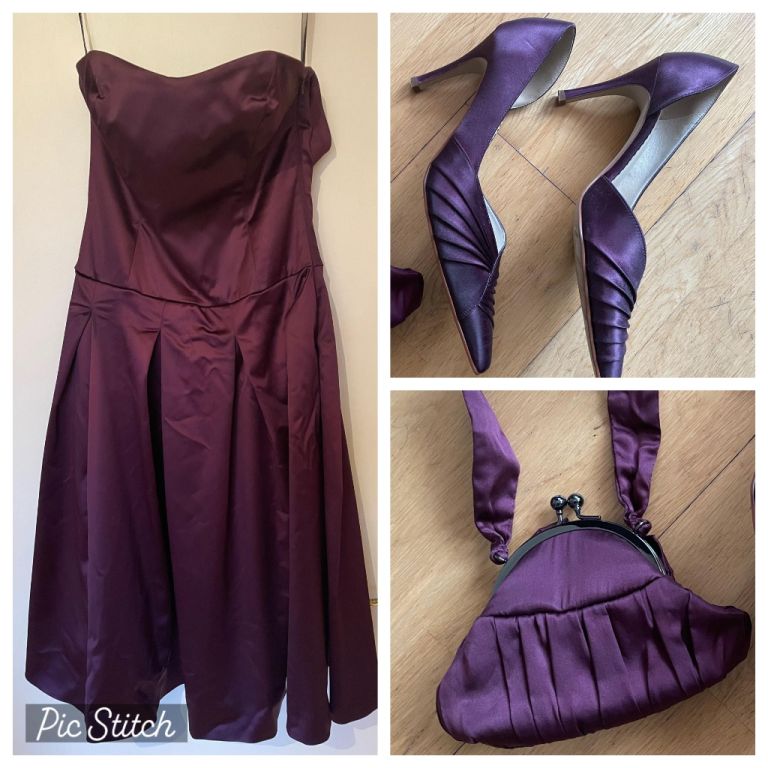 AS NEW COAST PURPLE SATIN DRESS + BAG + SHOES (Prom Bridesmaid)