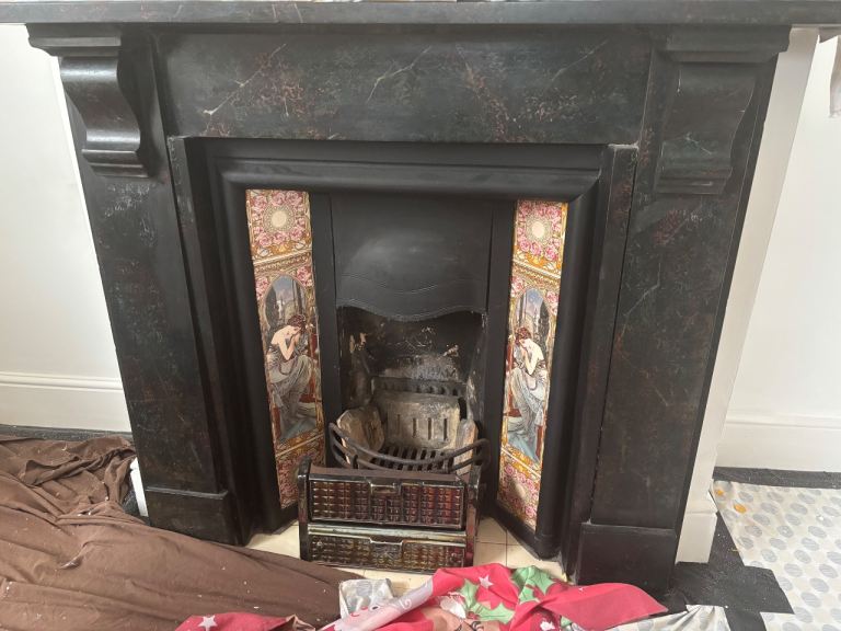 Antique Black Marble Fireplace Surround with Tiled Inserts