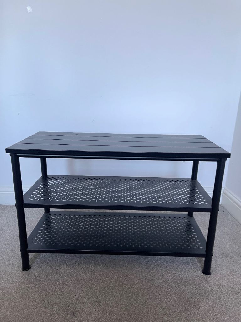 Black Metal shoe rack. 2-Tier Storage Shelf and bench to sit on – Good Condition £30
