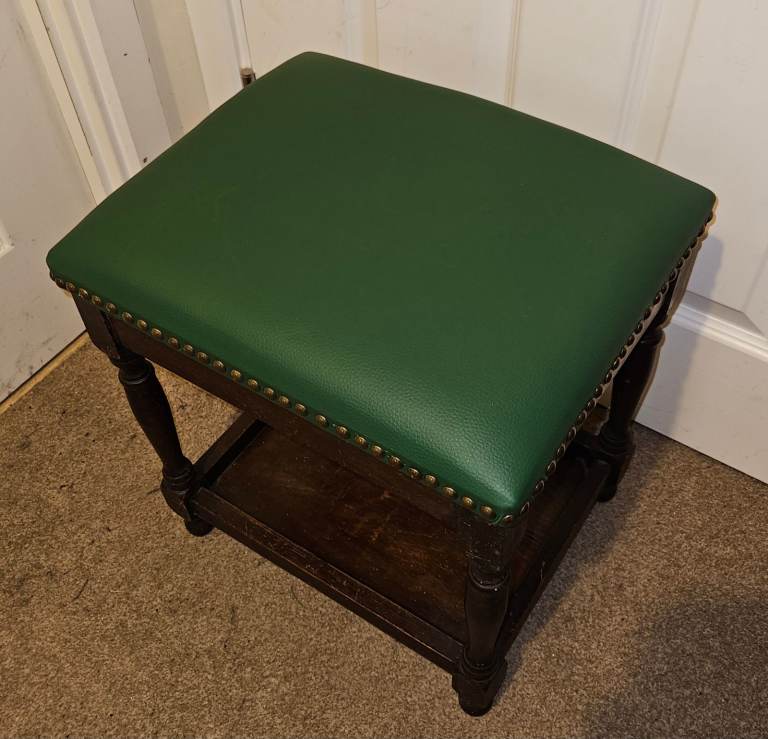 Mid-Century VINTAGE Wood/Leather Footstool (Reupholstered) 