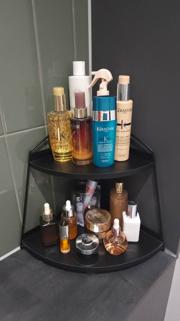 Black 2 Tier Corner Bathroom Counter Organiser / Vanity Shelf