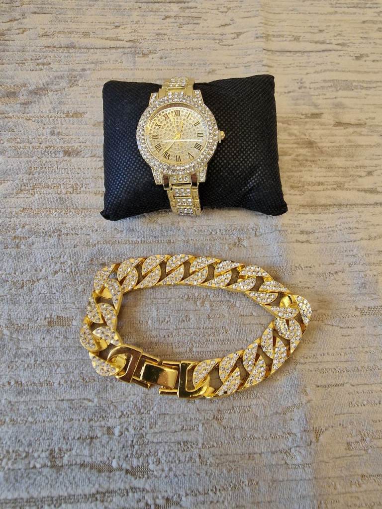 Women Gold Alloy Rhinestone Quartz Watch & Cuban Chain Bracelet