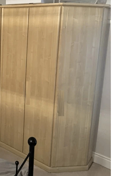 Double wardrobe plus angled robe with shelves, birch finish