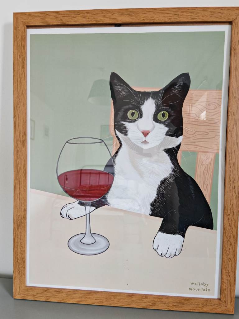 Framed Picture of A Cat With A Wine Glass 