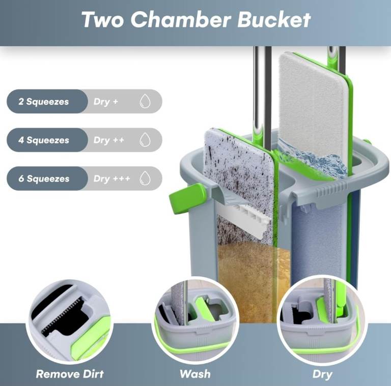 Mop and Bucket Set Easy Gleam Floor Flat Mop with 2-Chamber Bucket Stainless Steel Handle green