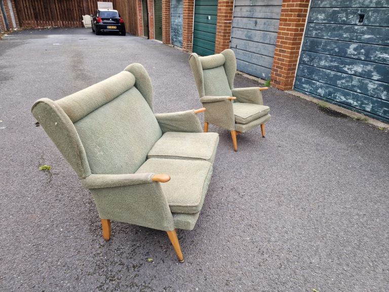 Vintage Sofa & Armchair In Original Fabric likely by Parker Knoll