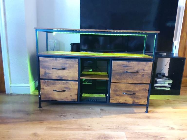 Industrial Style TV Stand Media Unit with Storage & LED Lights