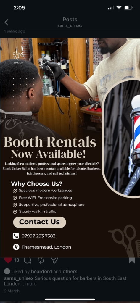 Barbers and hairdressers chairs and nail technicians spaces for rent