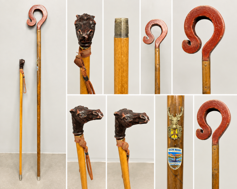 Pair of Vintage Wooden Walking Sticks – Carved Animal Head & Scottish Badges