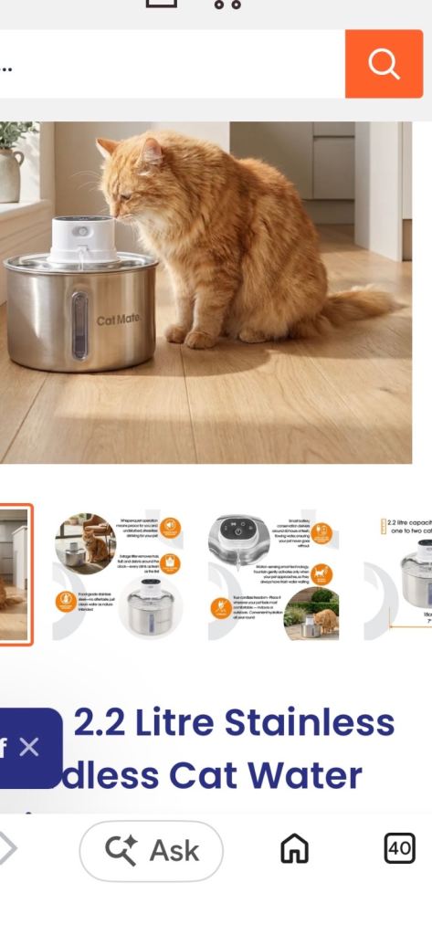 Cat mate 2.2l stainless water fountain cordless motion sensor