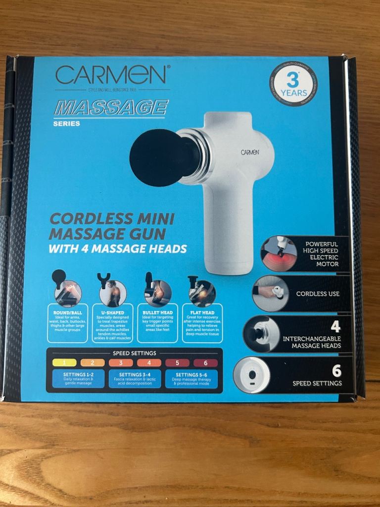 Carmen Cordless Mini Massage Gun with 4 Heads – Brand New