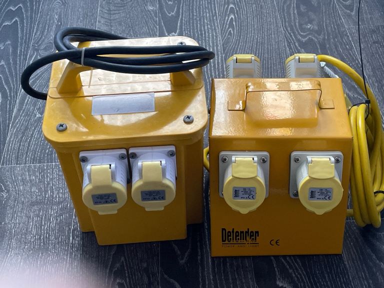 110V 3.3KVA 2x16A Sockets Transformer & yellow Defender 110V 4-Way Splitter Box 