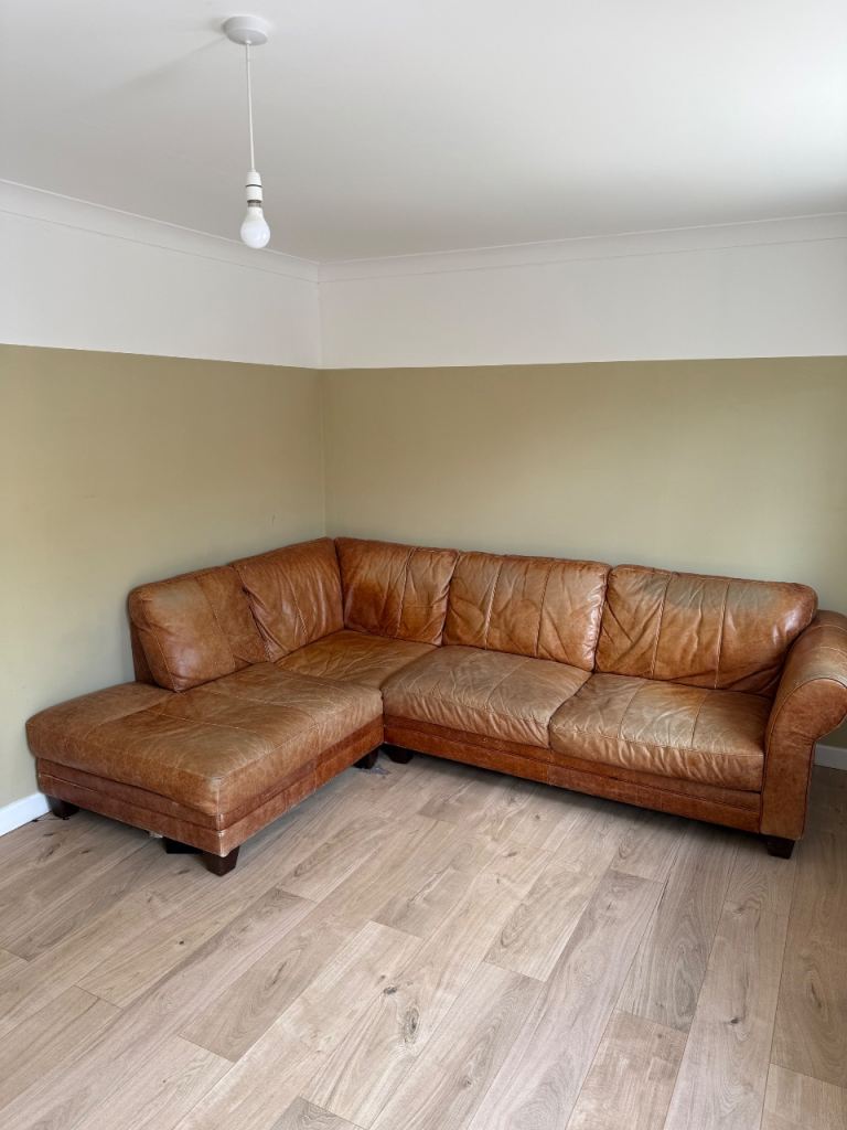 Large Brown Leather Corner Sofa - Good Condition