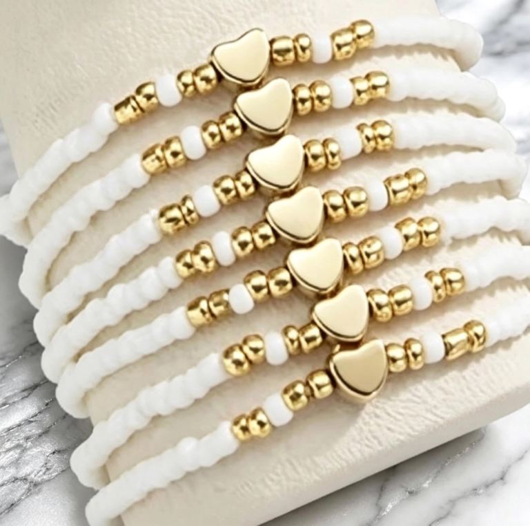 Set of White and Gold Heart Beaded Bracelets