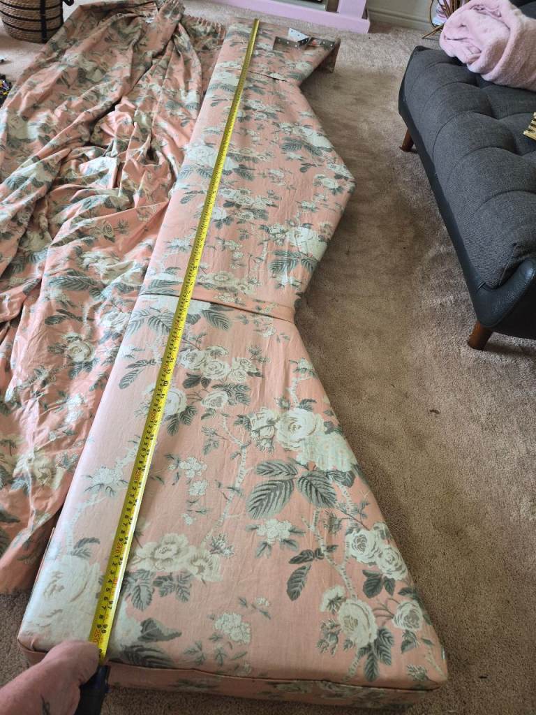 Pair of vintage silk floral lined curtains & pelmet box