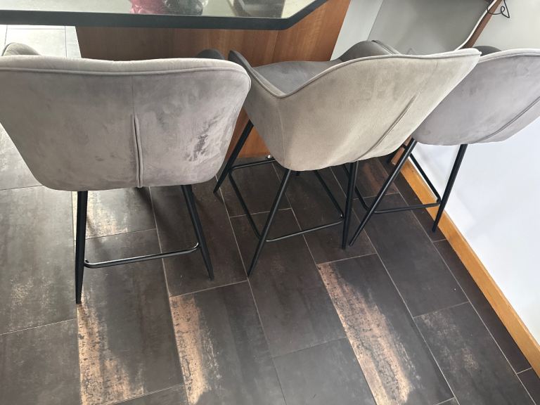 Three Grey Velvet Bar Stools – Good Condition