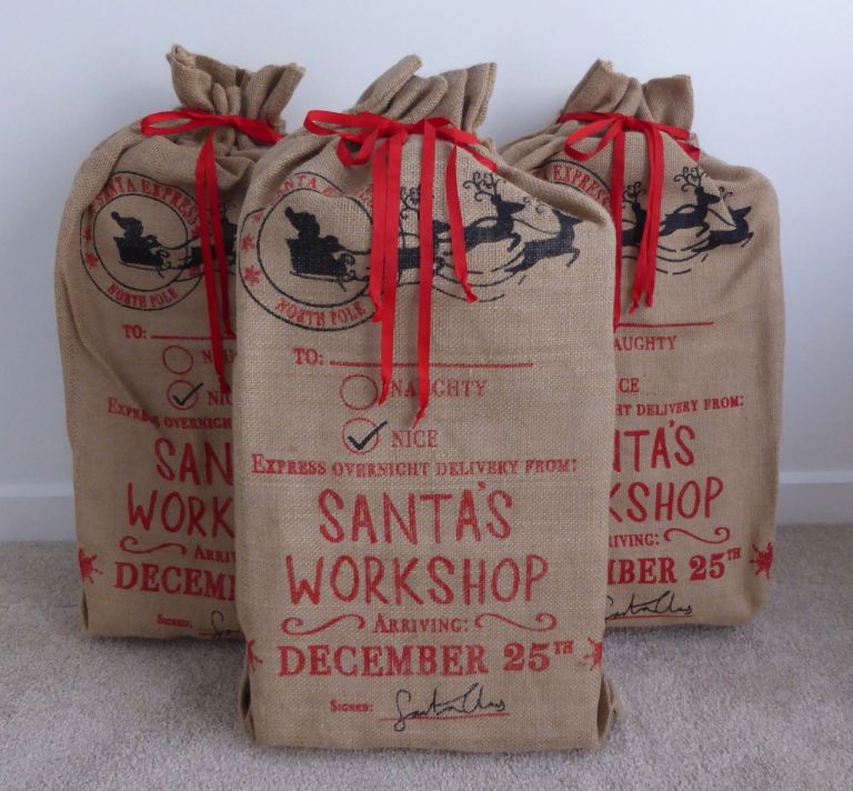 3 X HESSIAN SACKS SANTA WORKSHOP SACK BAG CHRISTMAS DECORATION £10 EACH