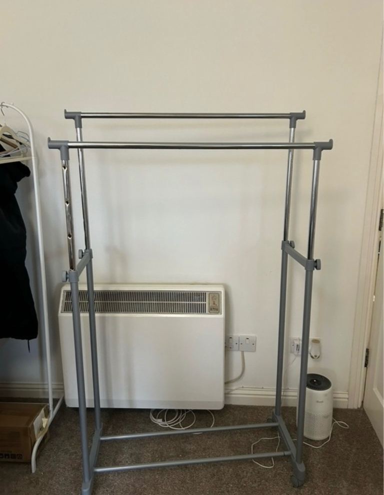 Adjustable Double Rail Clothes Rack - Grey Metal, Good Condition