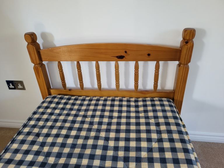 Single Pine Bed Frame with Mattress and bedding– Good Condition