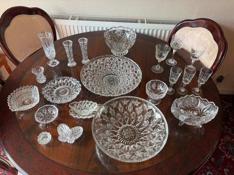 Lovely Vintage Cut Glassware Set - Bowls, Vases, and Glasses