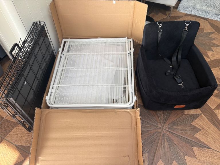 Small/medium dog crate, playpen, car seat bundle