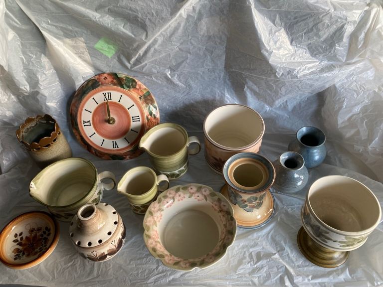 11 Jersey Pottery items -clock jugs vases.1 Sark