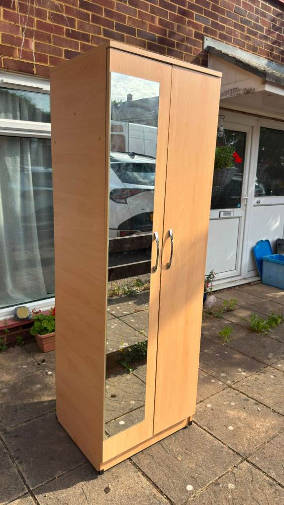 Wardrobe with Mirror Door and Storage in Light Wood