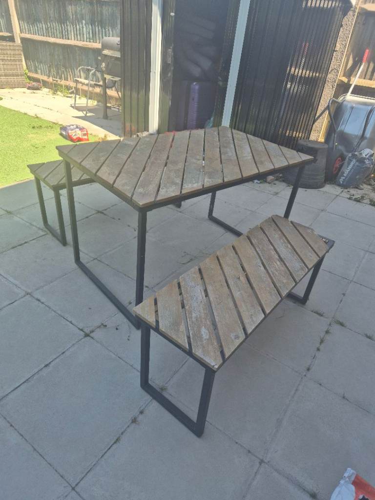 Outdoor Wooden Garden Table and Benches Set – Fair Condition