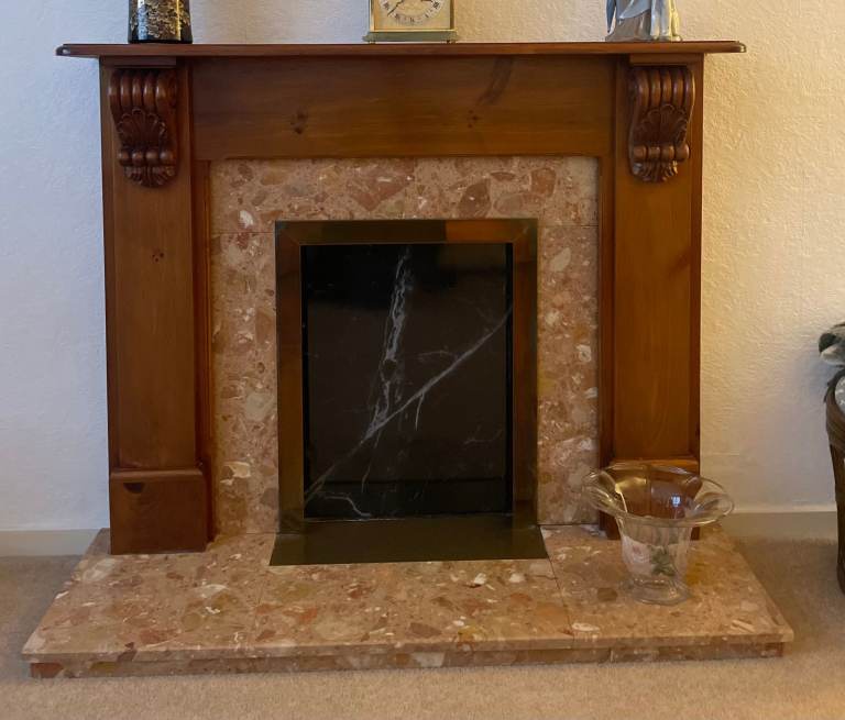 Solid Wood & Genuine Red Marble Fireplace Suite - Excellent condition