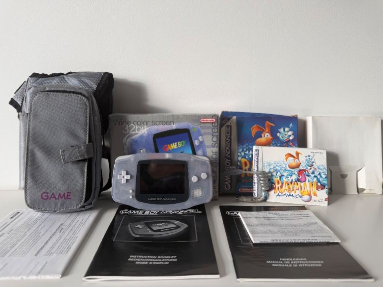 Nintendo Game Boy Advance Glacier CIB Boxed + Rayman Advance + Case & Light GBA